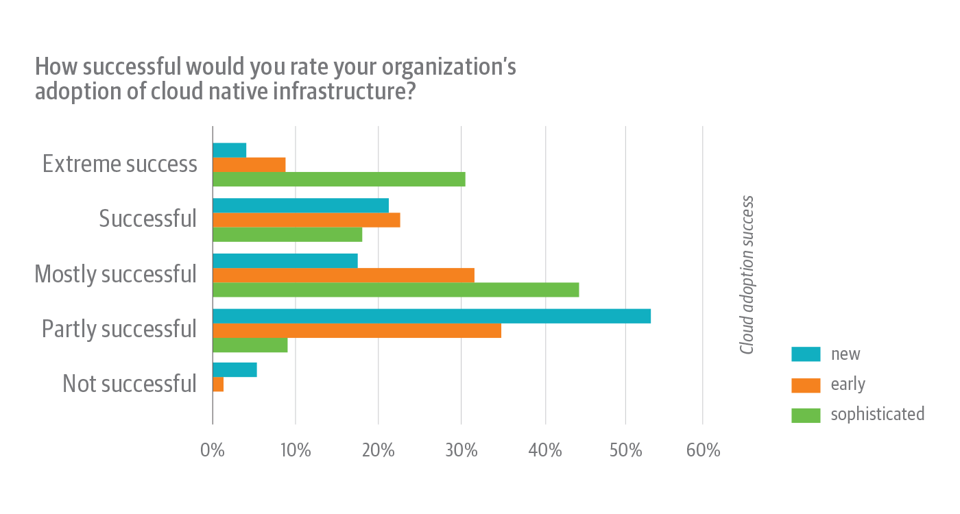 Rating of success of cloud native adoption among survey respondents, broken down by cloud native experience level