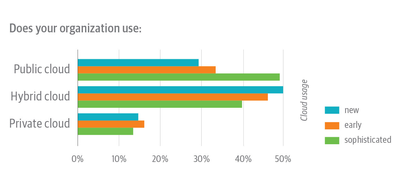 Types of cloud infrastructure used by survey respondents, broken down by cloud native experience level