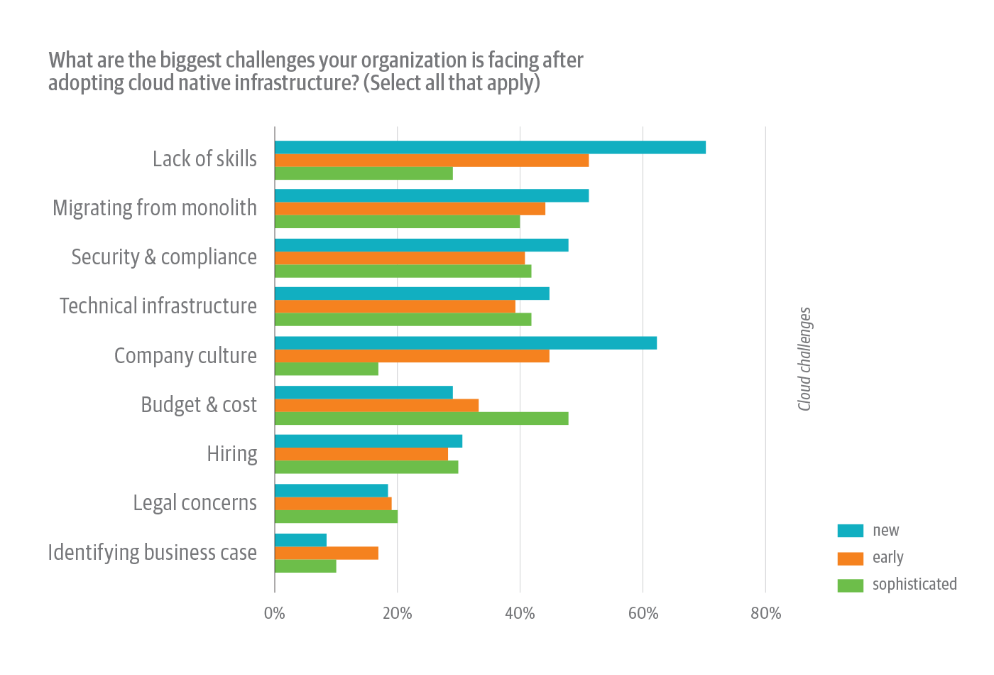 Cloud native challenges faced by survey respondents, broken down by cloud native experience level